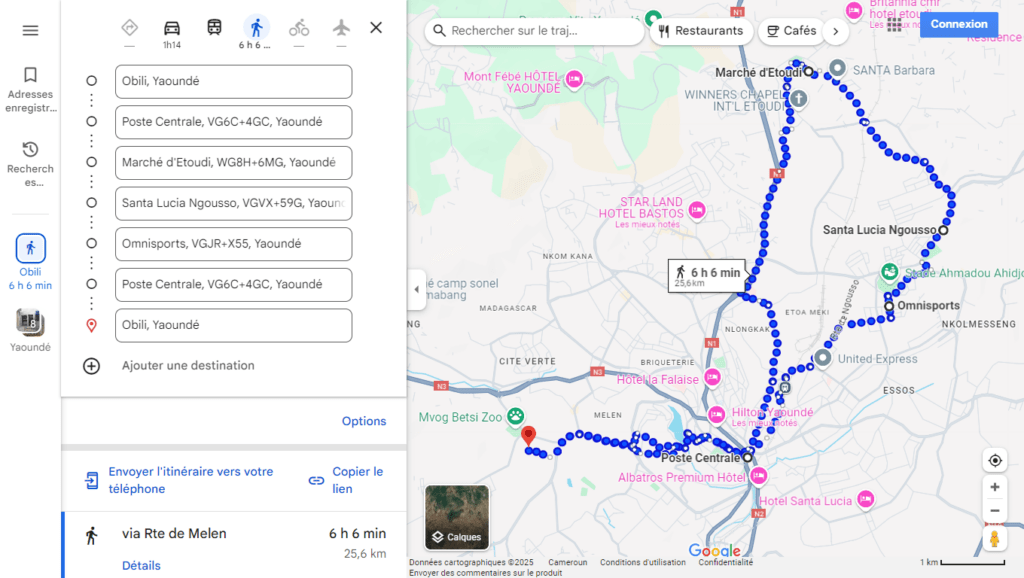 La plus longue marche que j’ai faite en une journée est de 25 km sur la boucle Obili-Etoudi-Ngousso-Ompisport-Obili.  Crédit : Google Map amoureux